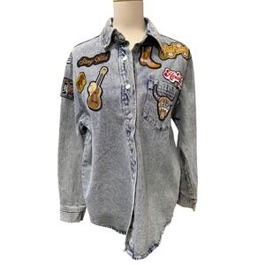 Blue B Womens Acid Wash Denim Western Patch Oversized Shacket Light Blue S